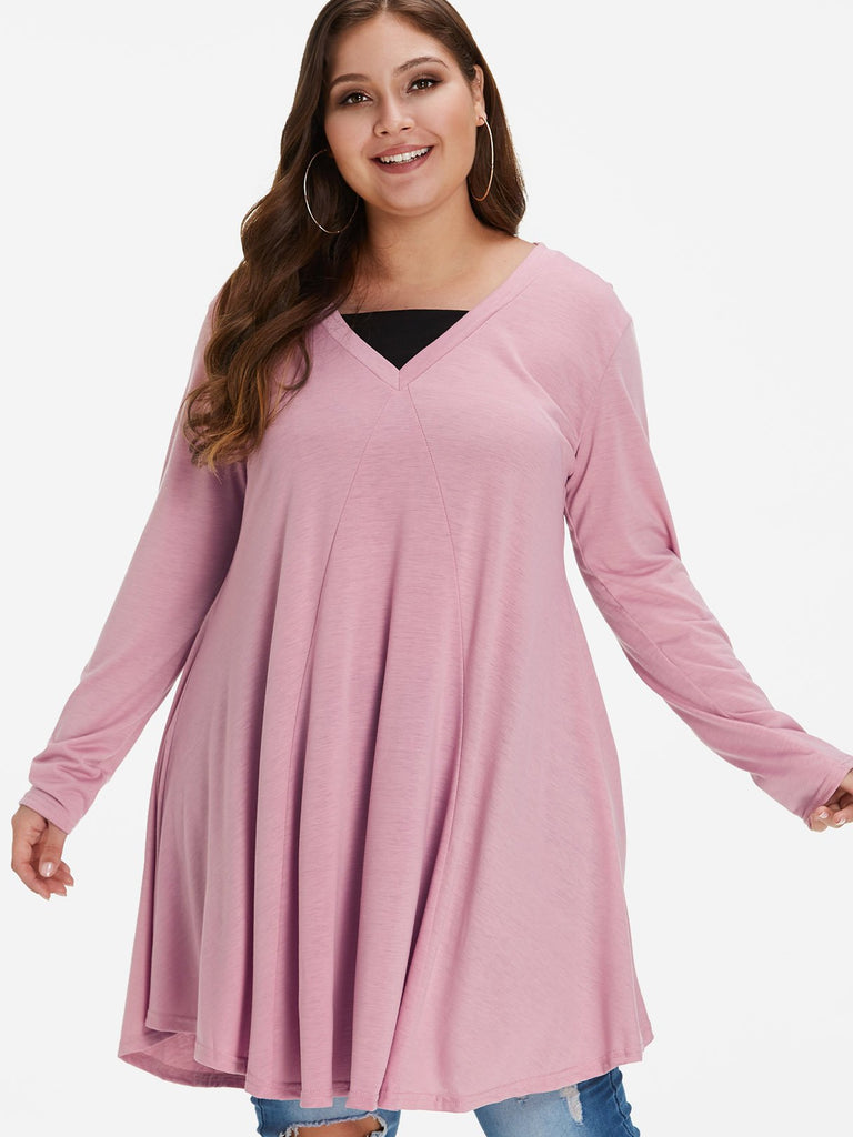 V-Neck Plain Pleated Long Sleeve Plus Size Tops