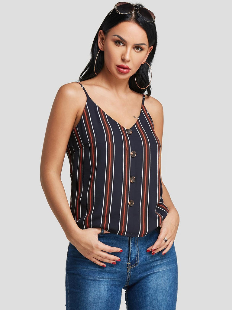 V-Neck Stripe Spaghetti Strap Sleeveless Navy Camis