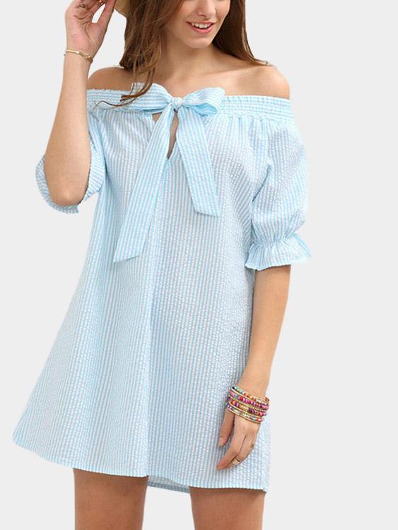 Blue Bateau Off The Shoulder Half Sleeve Stripe Mini Dresses