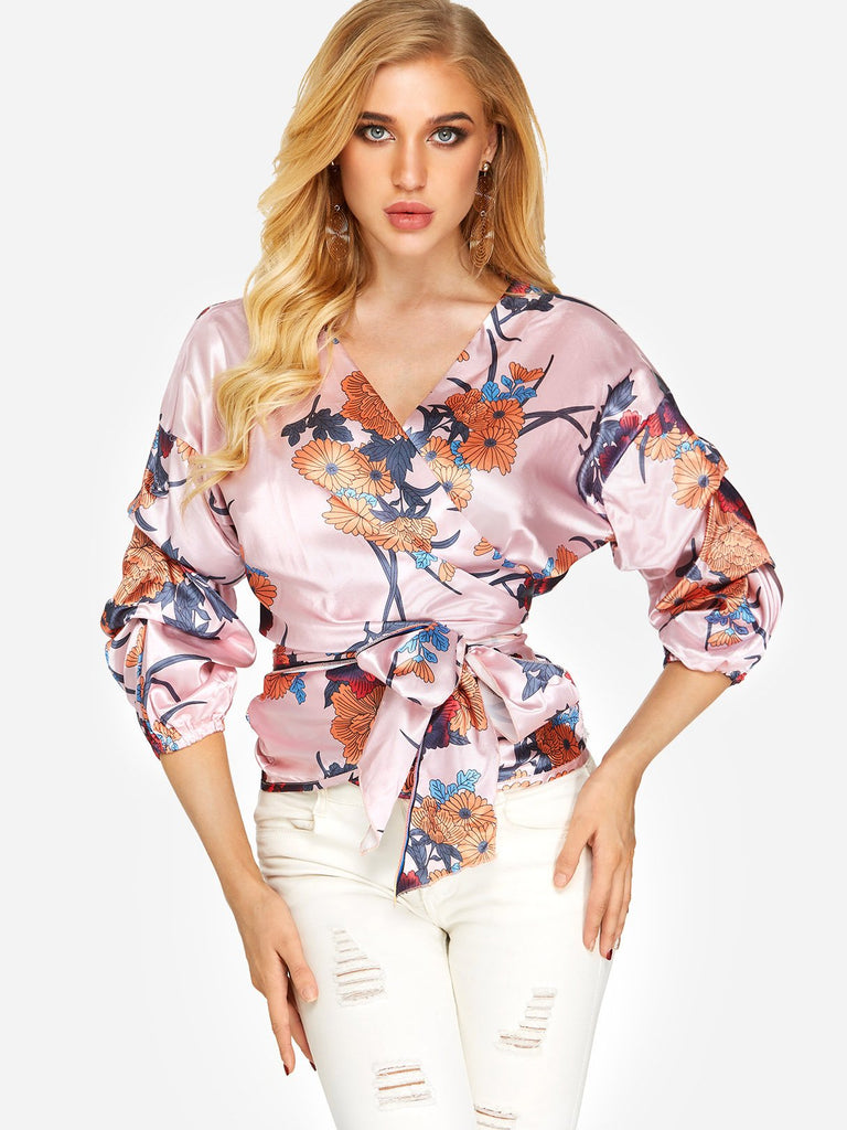 V-Neck Floral Print Lace-Up 3/4 Sleeve Blouses