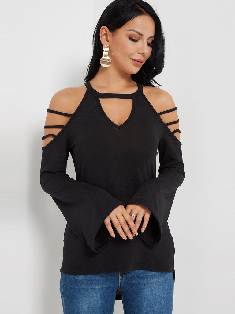 Round Neck Cold Shoulder Cut Out Long Sleeve Black Top