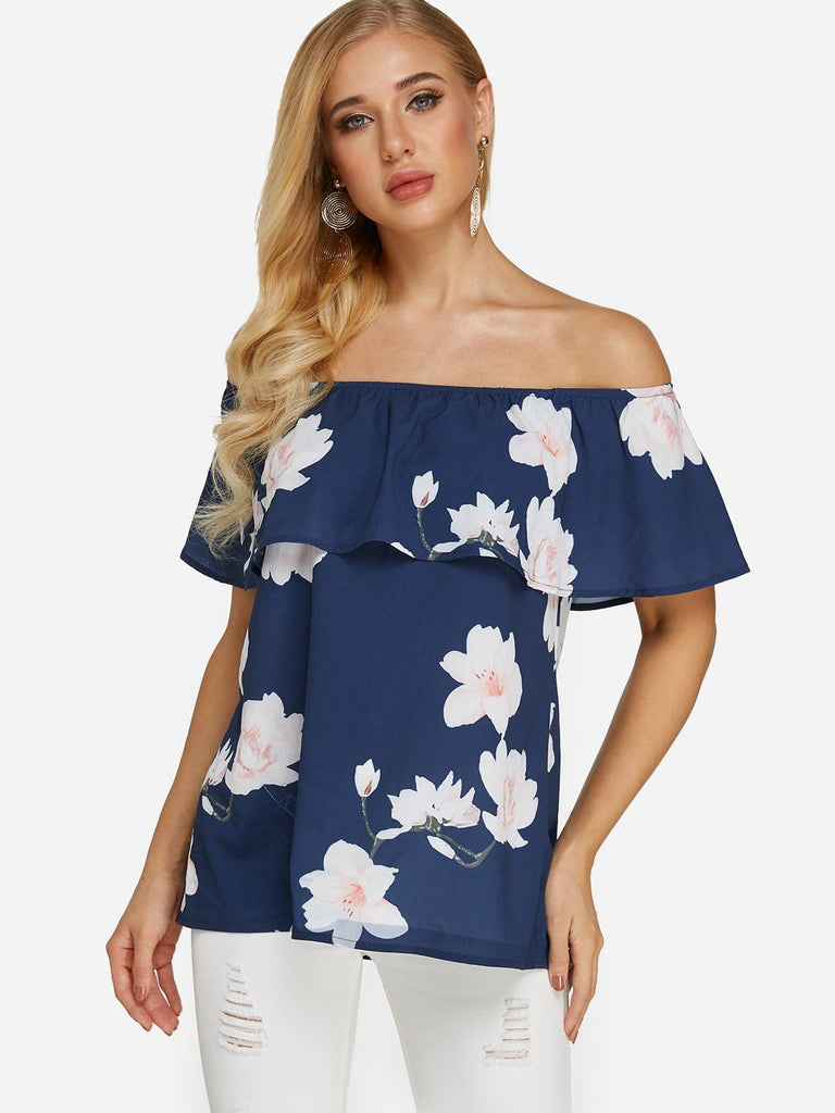 Off The Shoulder Floral Print Tiered Short Sleeve Navy Blouses