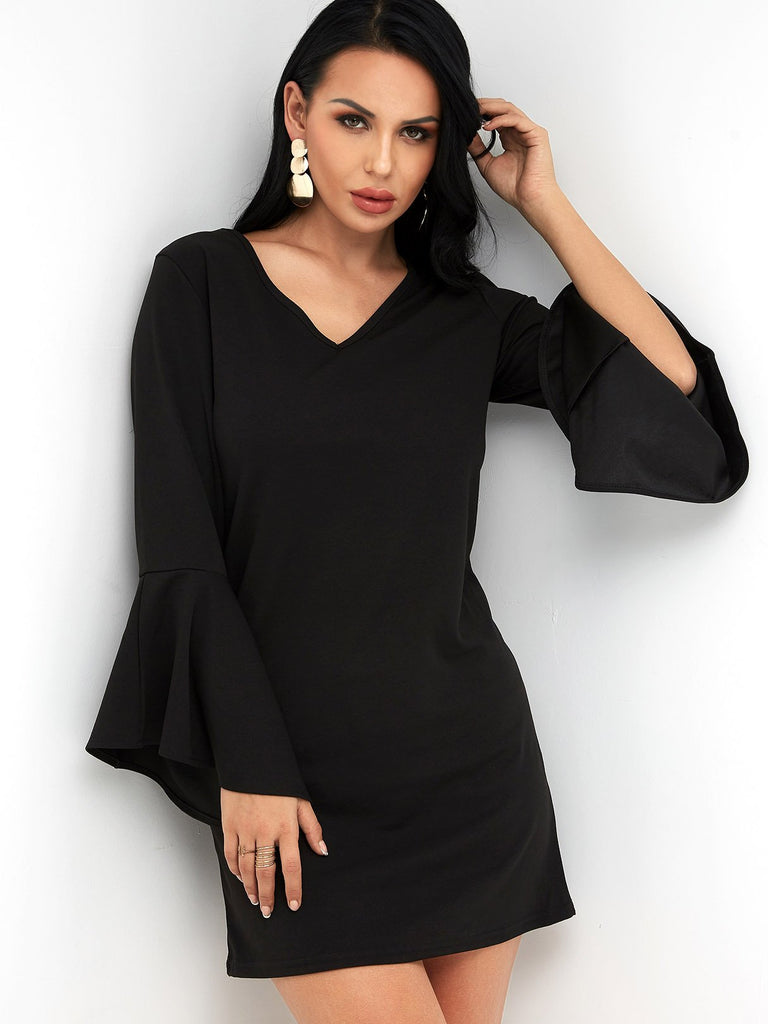 Black V-Neck Long Sleeve Plain Mini Dress
