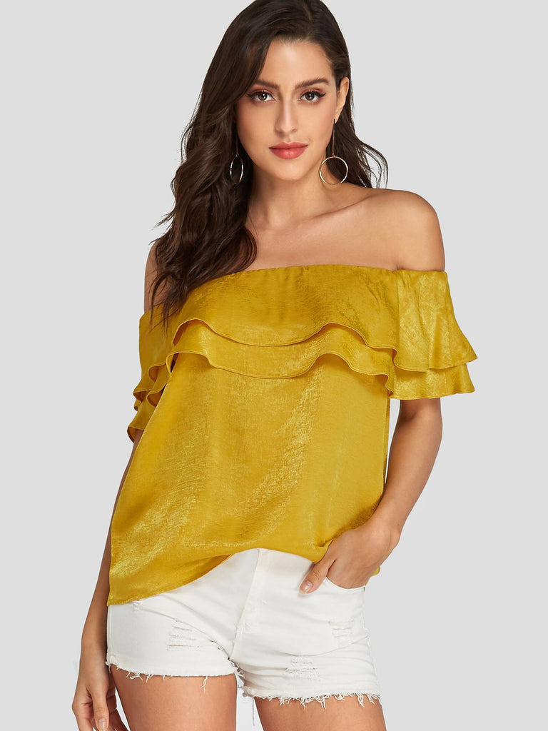 Off The Shoulder Plain Short Sleeve Yellow Blouses