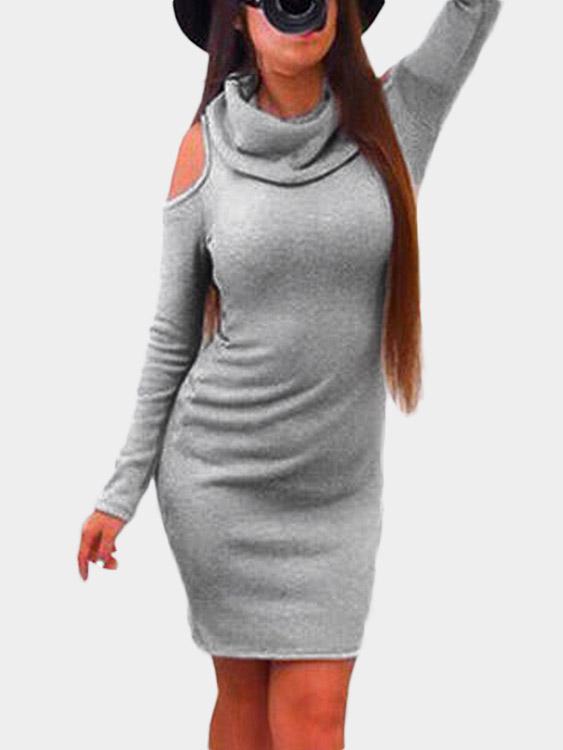 Grey Cold Shoulder Pullover Long Sleeve Mini Dress