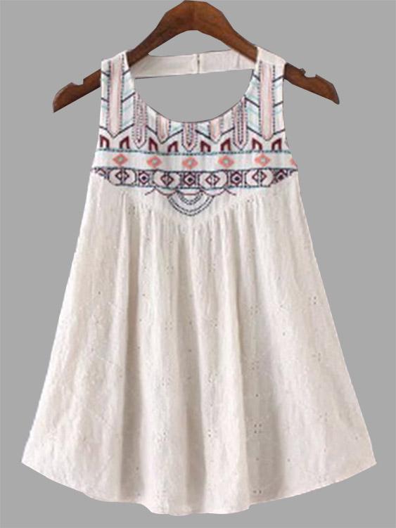 Round Neck Embroidered Backless Sleeveless White Camis