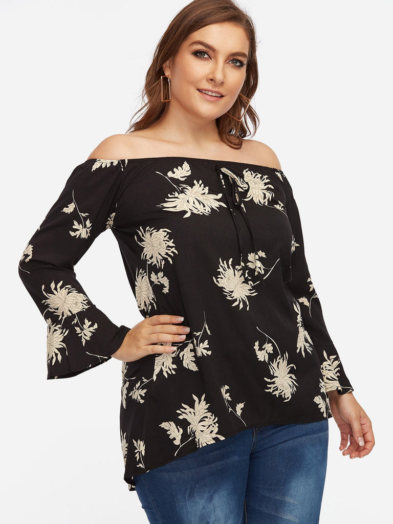 Off The Shoulder Floral Print Tie-Up Long Sleeve High-Low Hem Plus Size Tops