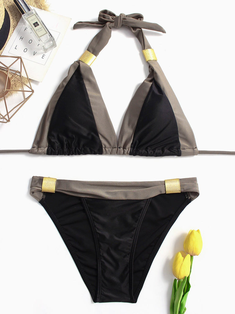 Halter Plain Backless Two Piece Bikinis