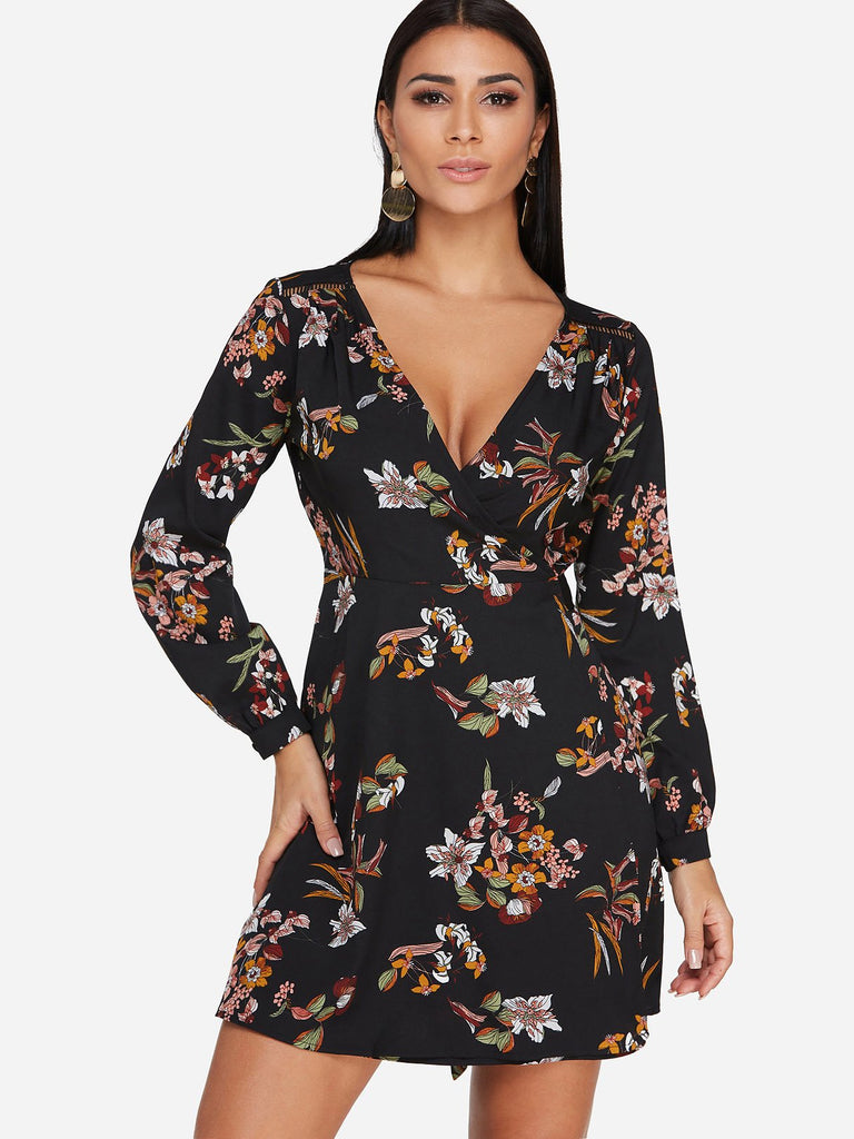 Black V-Neck Long Sleeve Floral Print Hollow Self-Tie Wrap Dresses