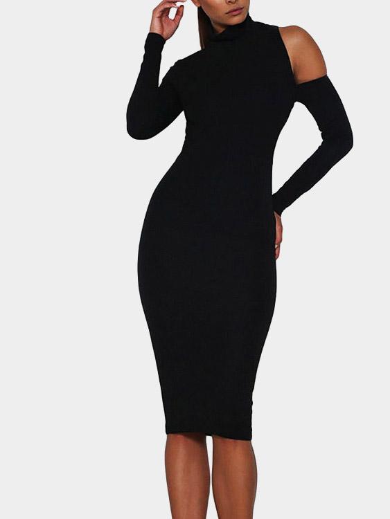 Black High Neck Long Sleeve Backless Cut Out Dresses