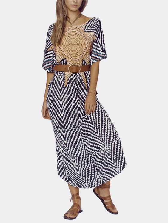 Round Neck Half Sleeve Printed Slit Hem Beach Dresses 