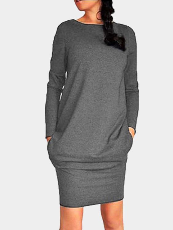 Dark Grey Round Neck Long Sleeve Plain Mini Dress