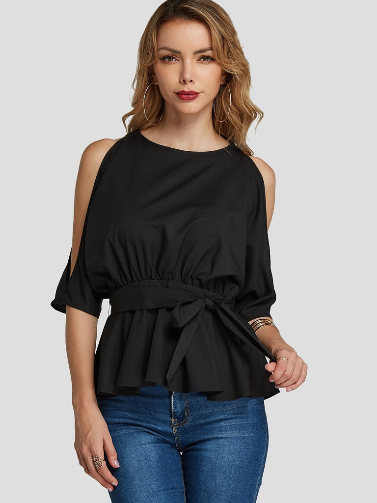 Cold Shoulder Self-Tie Half Sleeve Black Blouses