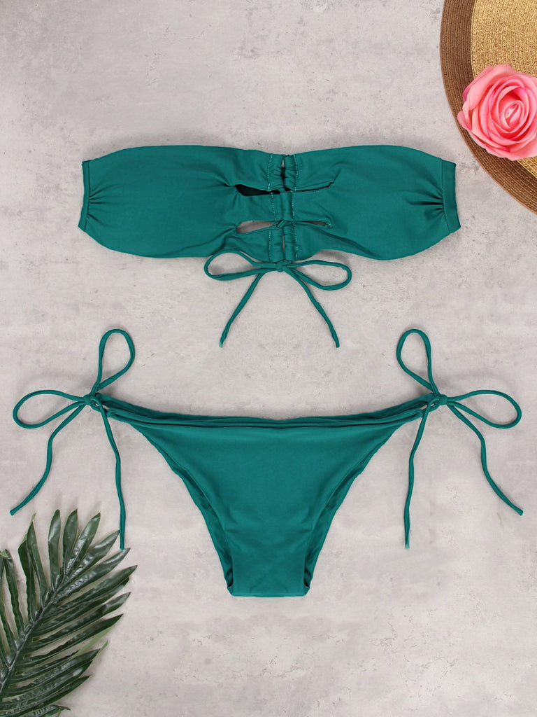 Green Halter Sleeveless Hollow Lace-Up Bodycon Two Piece Bikinis