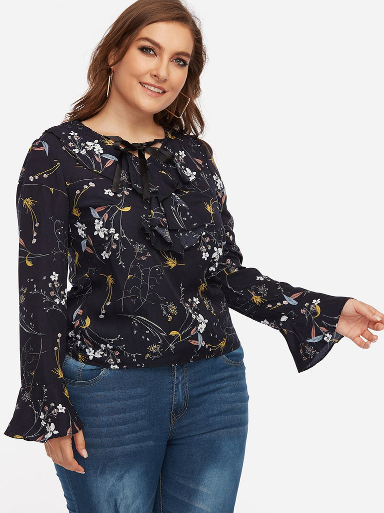 V-Neck Floral Print Long Sleeve Navy Plus Size Tops