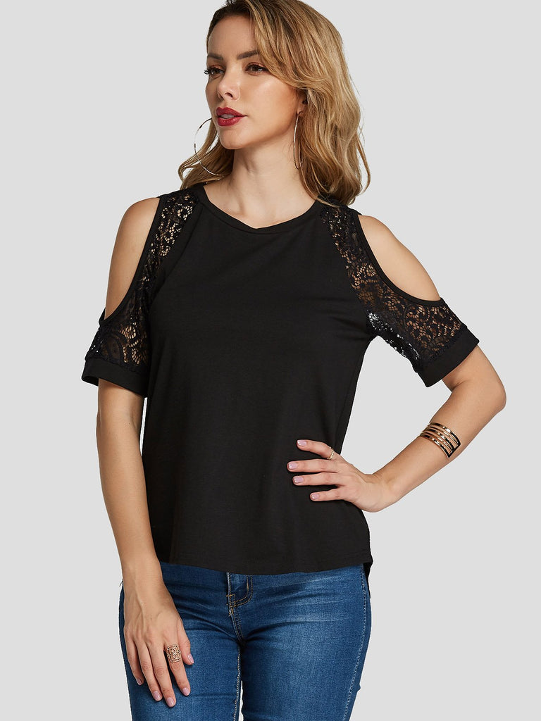 Cold Shoulder Lace Short Sleeve Black T-Shirts