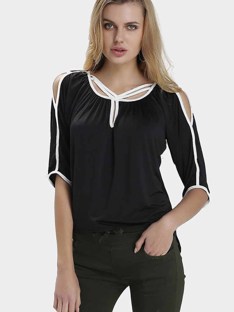 Round Neck Half Sleeve Irregular Hem Black Blouses