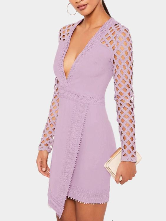 Purple Deep V Neck Long Sleeve Lace Zip Back Hollow Irregular Hem Mini Dress