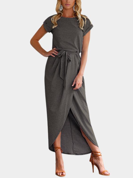 Grey Round Neck Short Sleeve Crossed Front Lace-Up Slit Hem Maxi Dresses