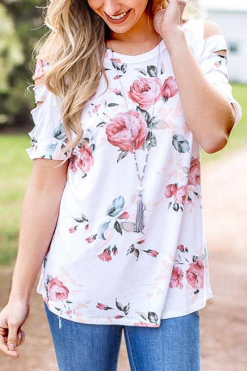 Round Neck Floral Print Cut Out Short Sleeve White T-Shirts