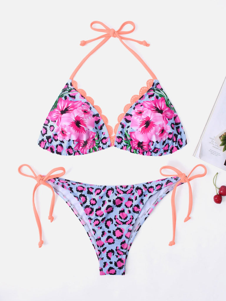 Sky Blue Halter Sleeveless Leopard Floral Print Lace-Up Two Piece Bikinis