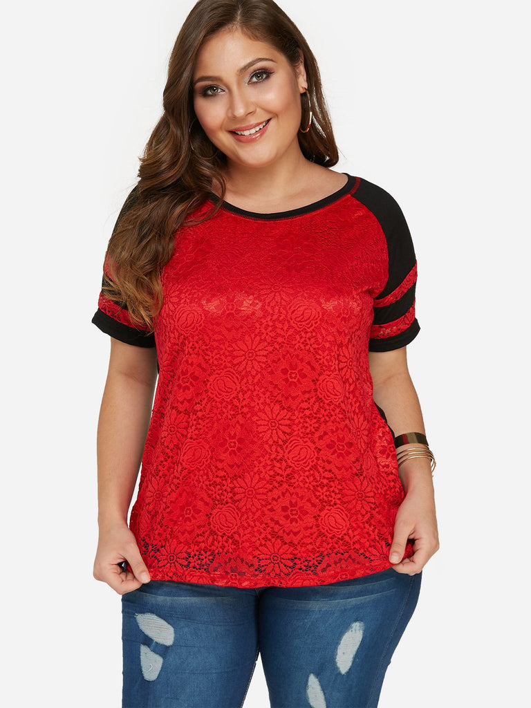 Scoop Neck Floral Print Lace Short Sleeve Plus Size Tops