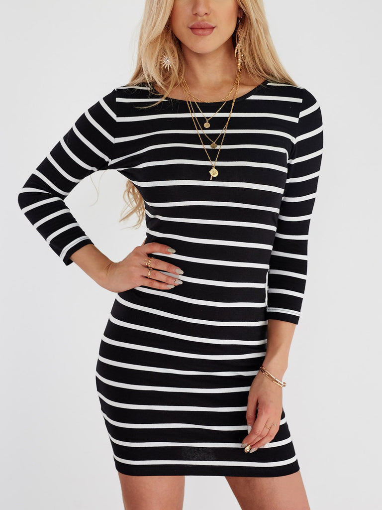 Black Round Neck 3/4 Length Sleeve Stripe Mini Dresses