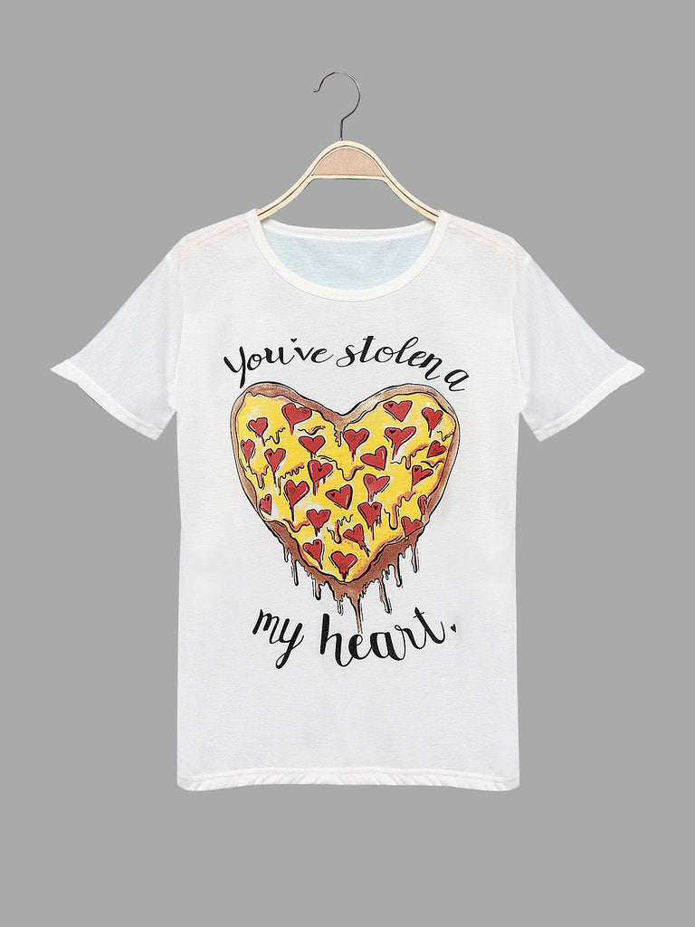 Round Neck Printed Short Sleeve White Fashion Tee