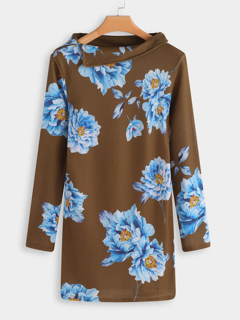 Brown Long Sleeve Floral Print Shirt Dress