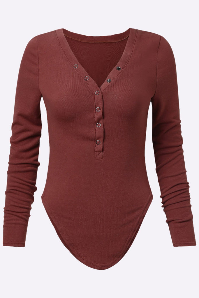 Sexy V-Neck Button Details Curved Hem Top