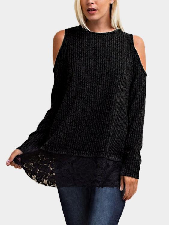 Round Neck Cold Shoulder Lace Long Sleeve Black T-Shirts