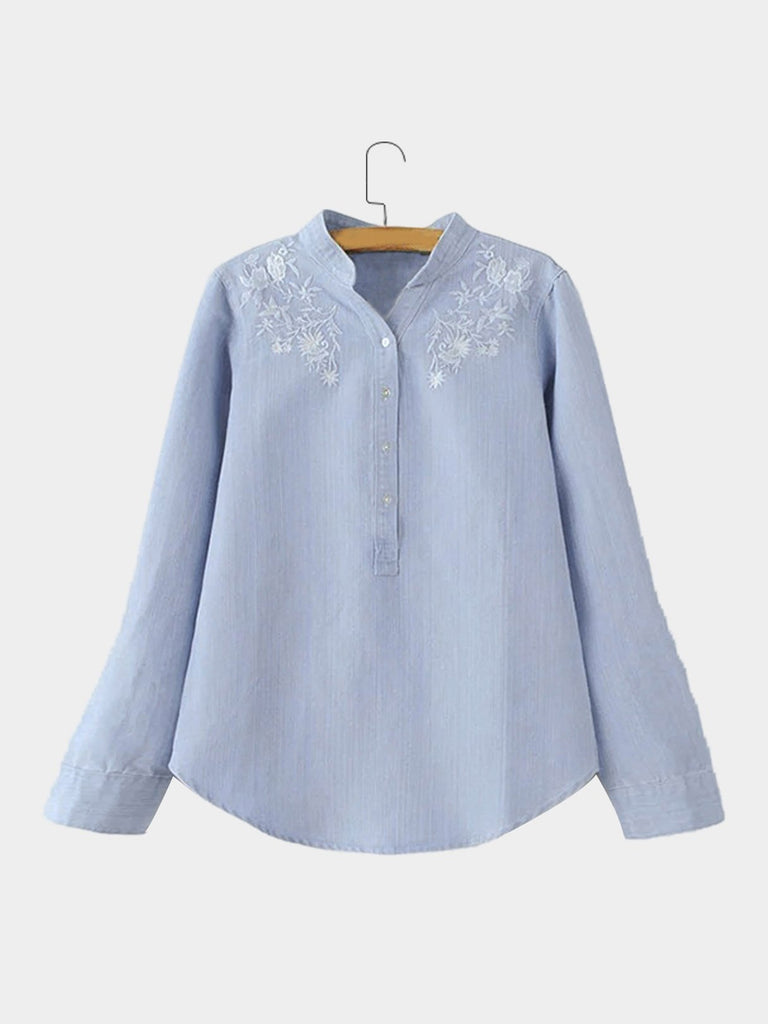 Embroidered Long Sleeve Denim Blouses