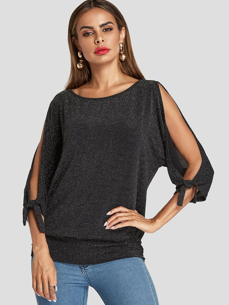 Round Neck Cut Out 3/4 Sleeve Black T-Shirts