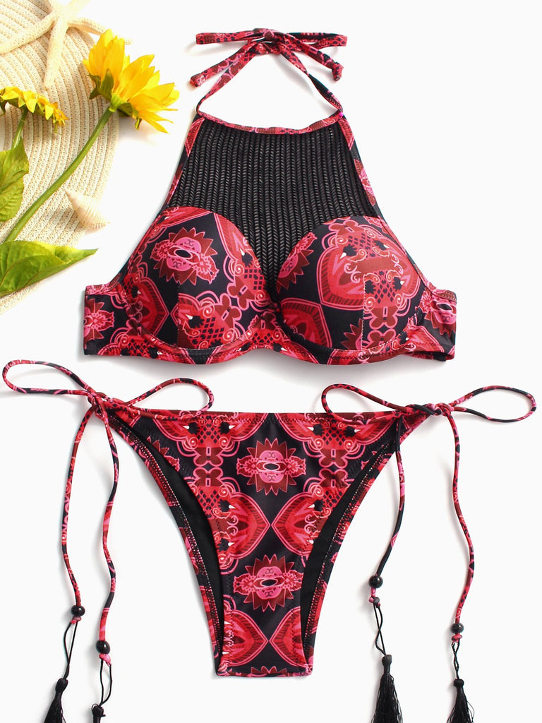 Red Halter Sleeveless Printed Two Piece Bikinis