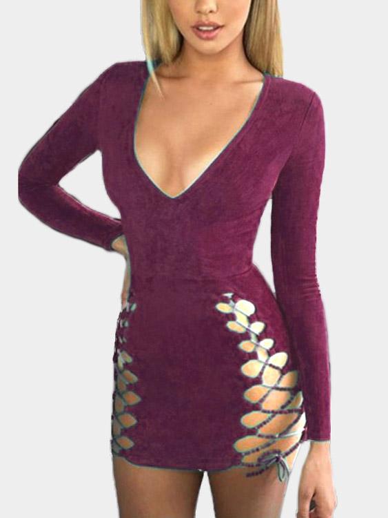 Burgundy Deep V Neck Long Sleeve Plain Hollow Lace-Up Mini Dress