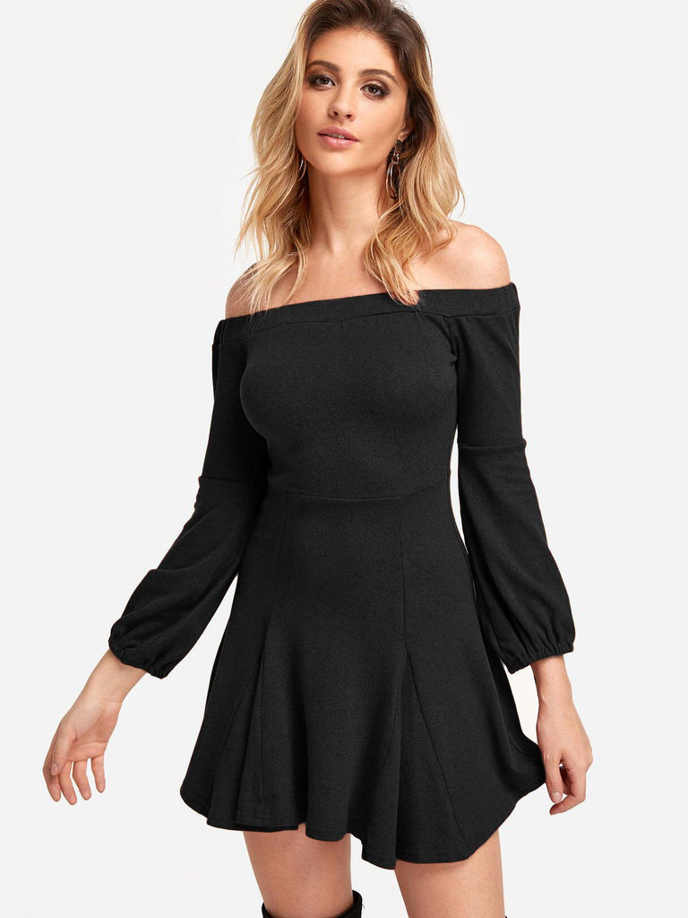 Off The Shoulder 3/4 Length Sleeve Plain Stitching Hem Dress