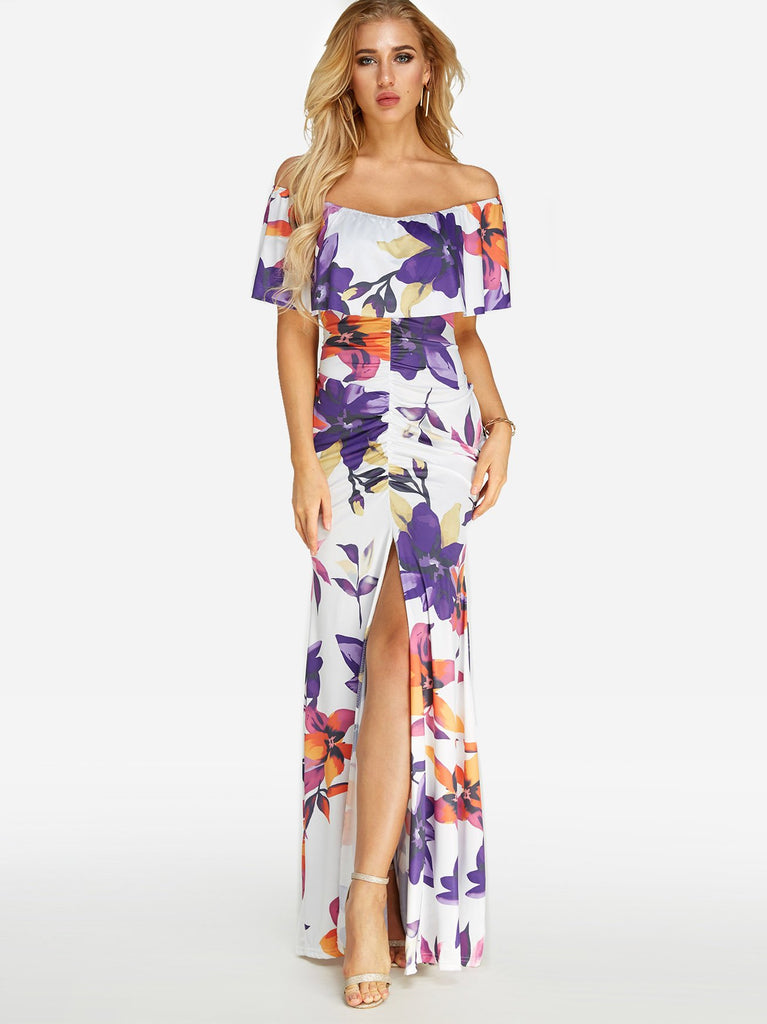 Off The Shoulder Short Sleeve Floral Print Backless Slit Flounced Hem Dresses