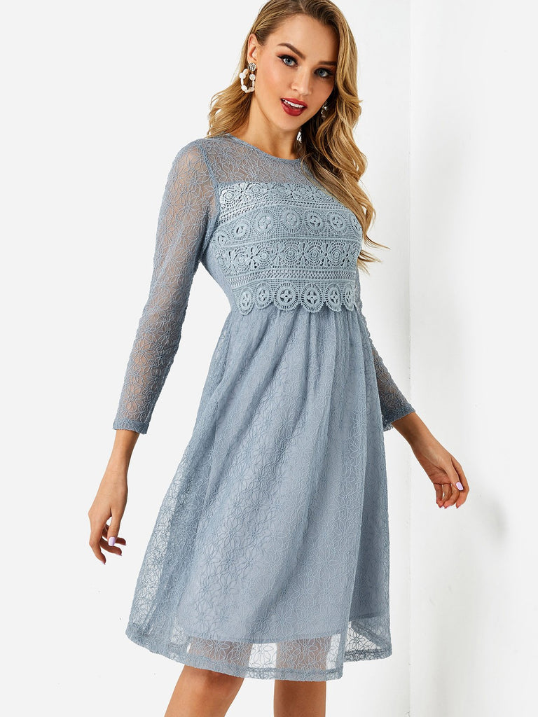 Blue Round Neck 3/4 Sleeve Length Plain Lace Midi Dress