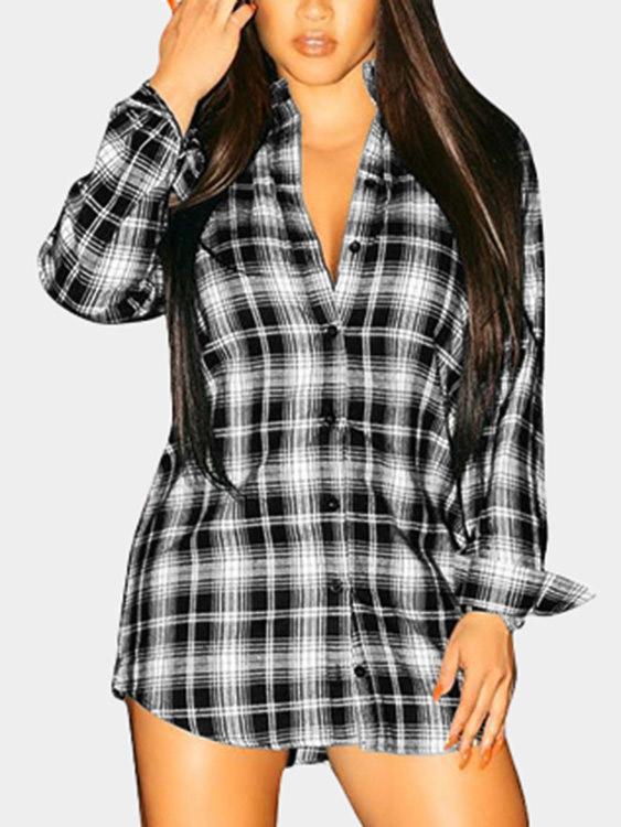 Grid Classic Collar Long Sleeve Grid Shirt Dresses