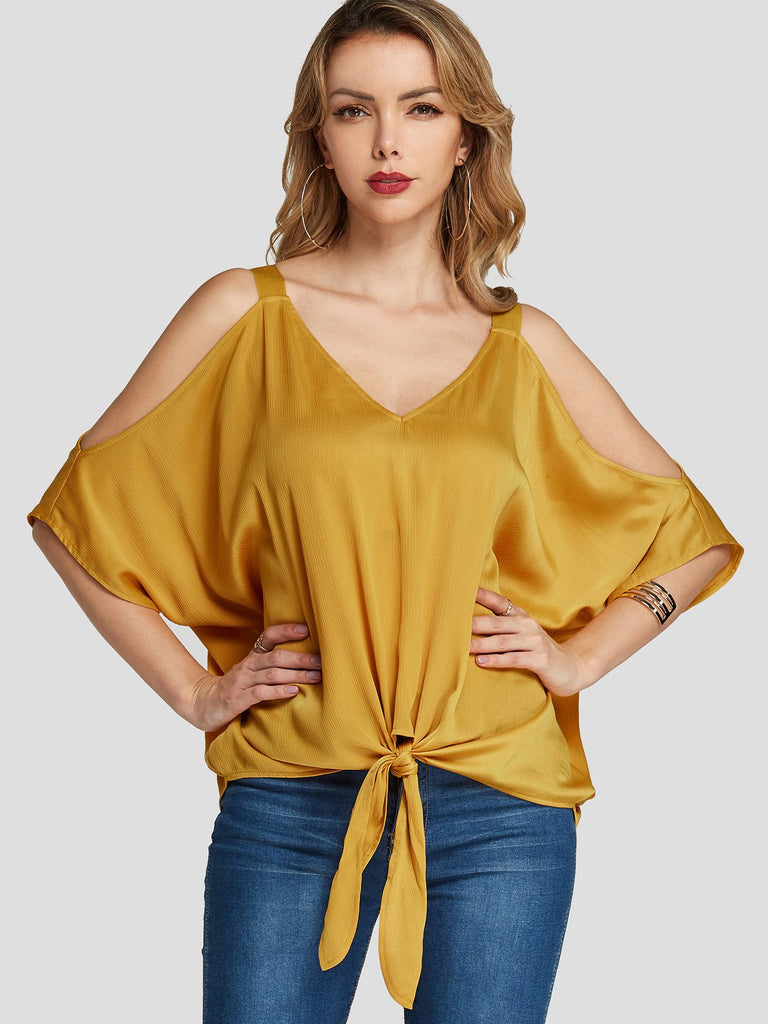 V-Neck Cold Shoulder Self-Tie Yellow Blouses