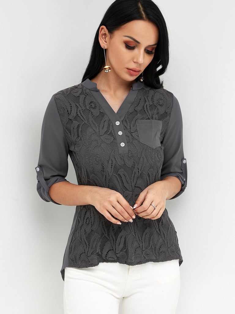 V-Neck Sheer Lace Long Sleeve Grey Blouses