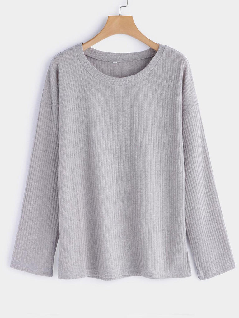 Rib Plain Round Neck Long Sleeves Rib Top