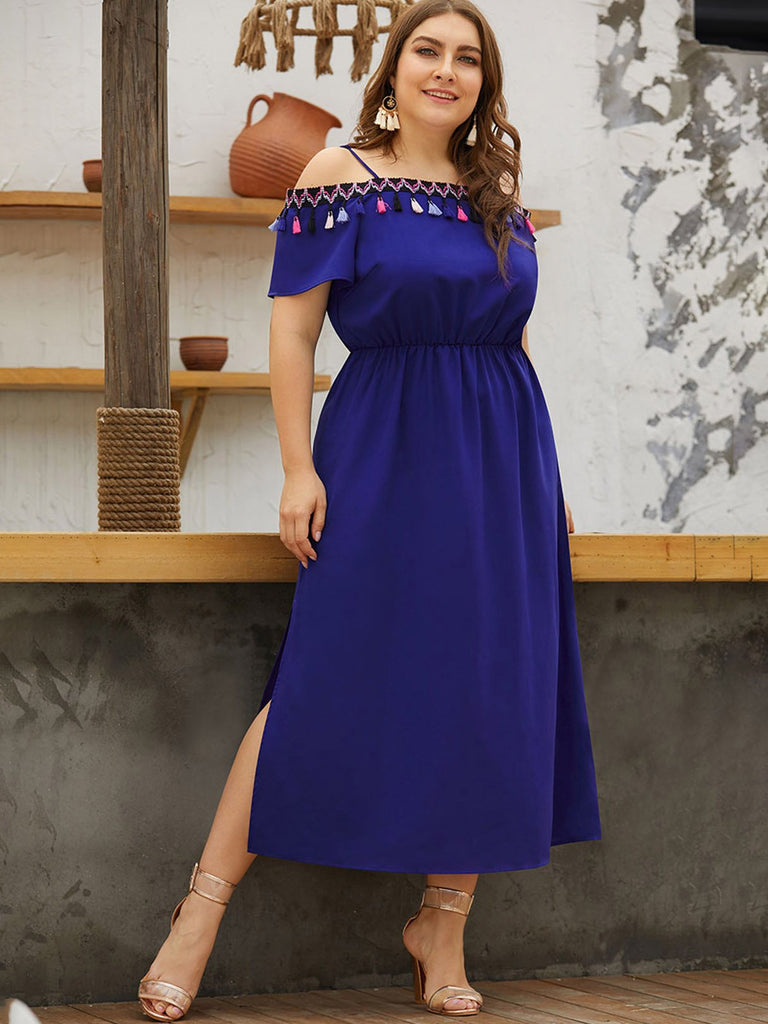 Cold Shoulder Plain Tassel Slit Spaghetti Strap Short Sleeve Blue Plus Size Dress