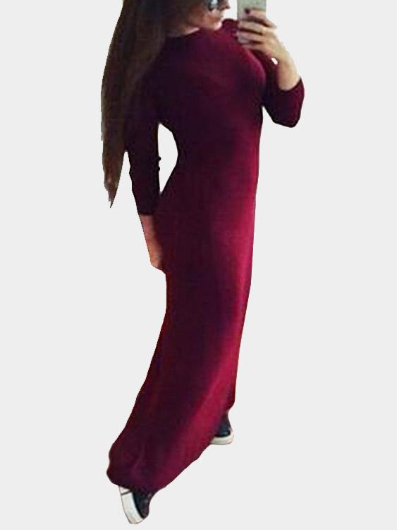 Burgundy Round Neck Long Sleeve Plain Maxi Dress