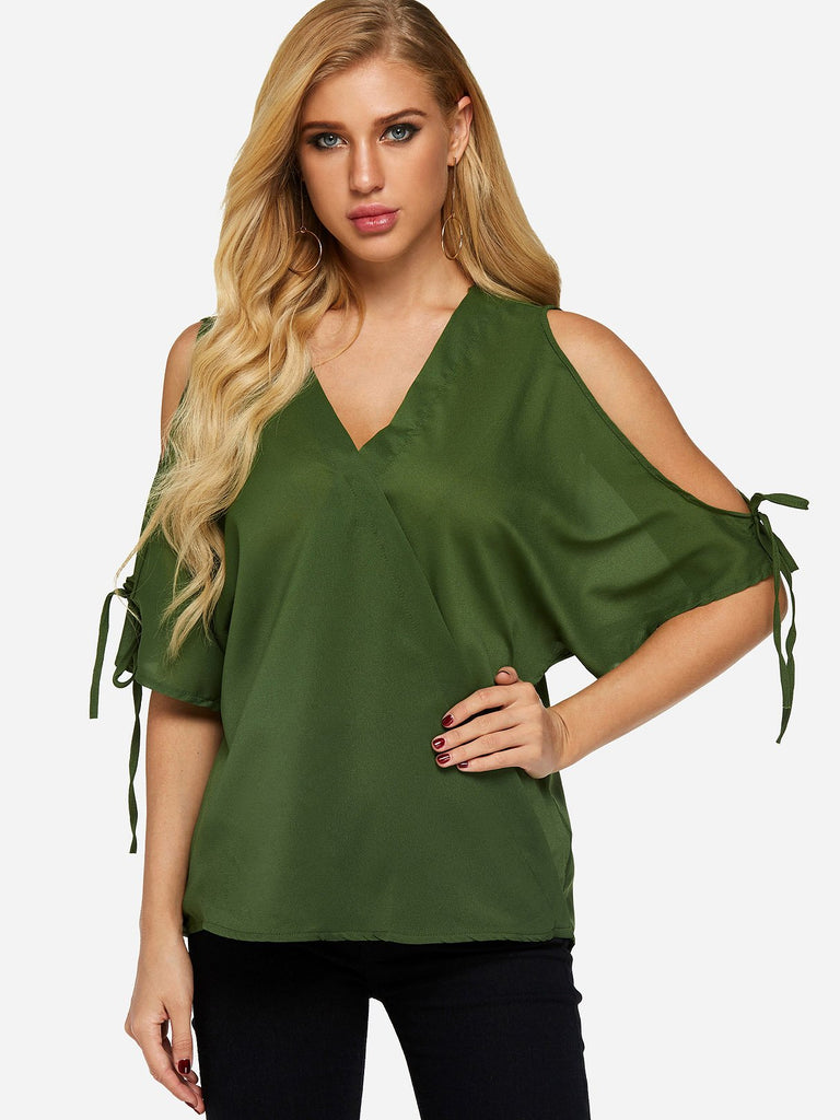 V-Neck Cold Shoulder Plain Half Sleeve Top