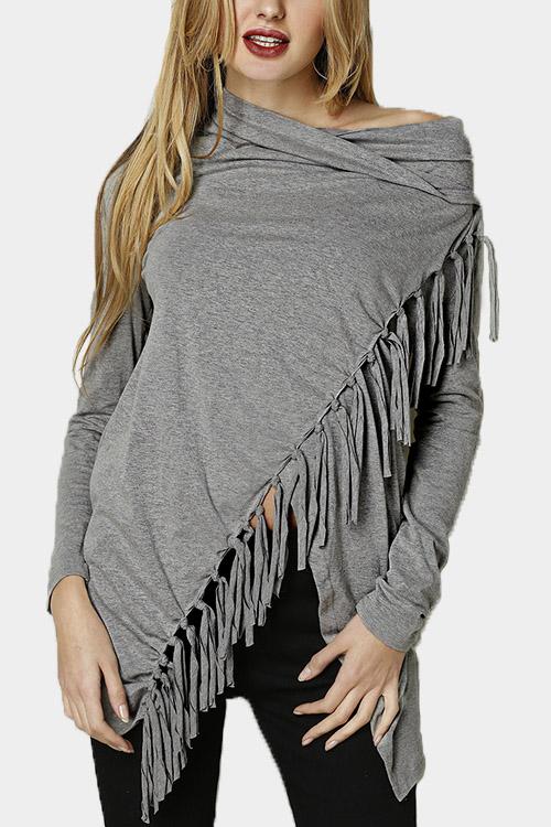 Round Neck Tassel Long Sleeve Grey Top