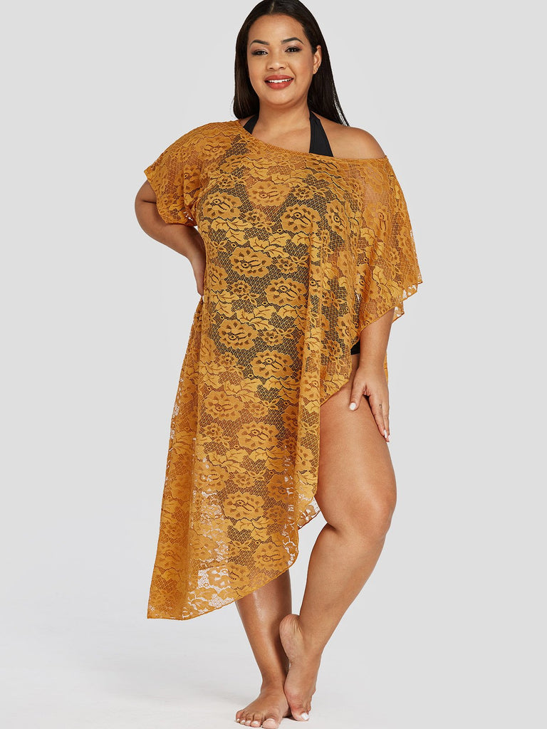 Lace Half Sleeve Yellow Plus Size Tops