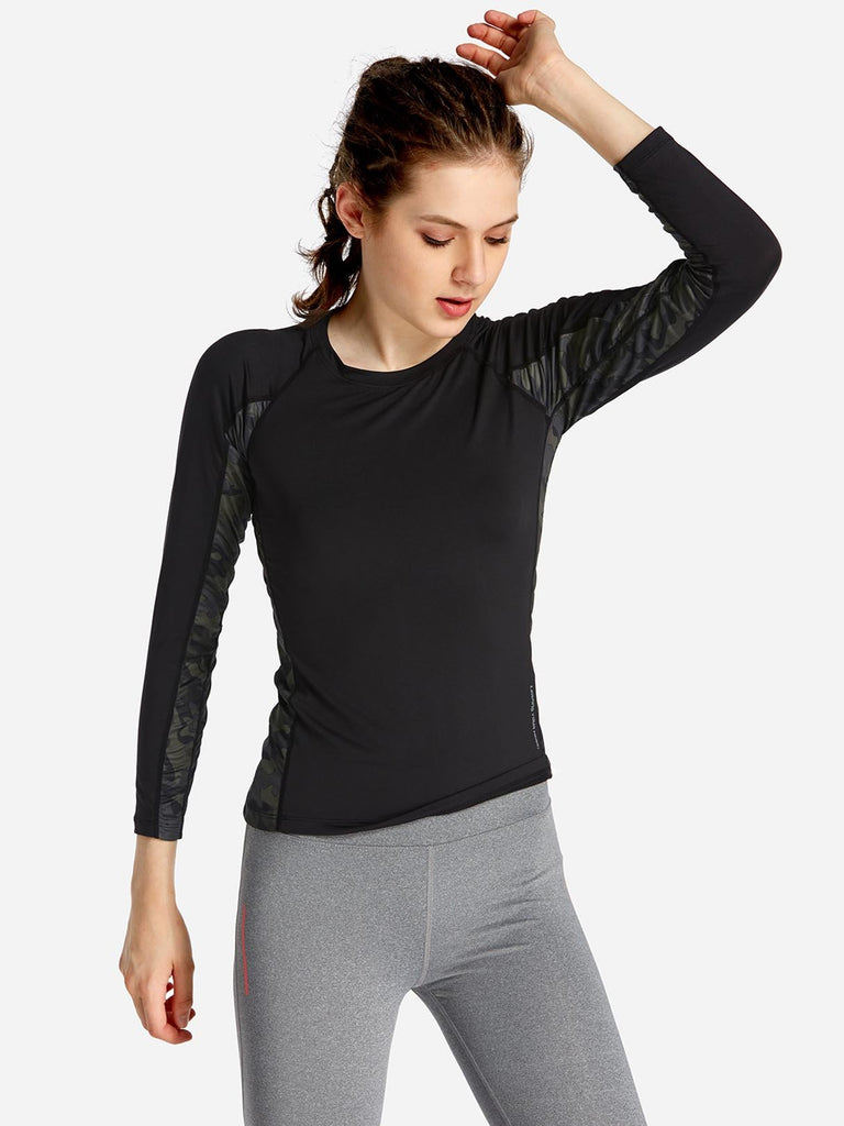 Round Neck Camouflage Letter Long Sleeve Black T-Shirts