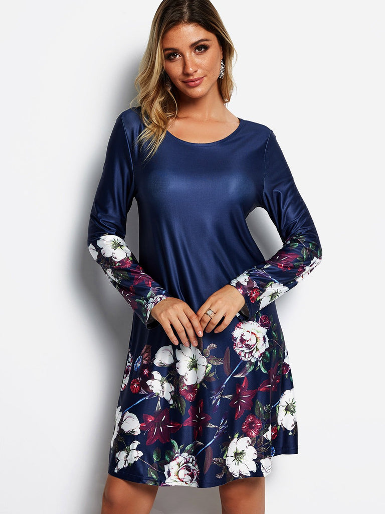 Navy Round Neck Long Sleeve Floral Print Mini Dress