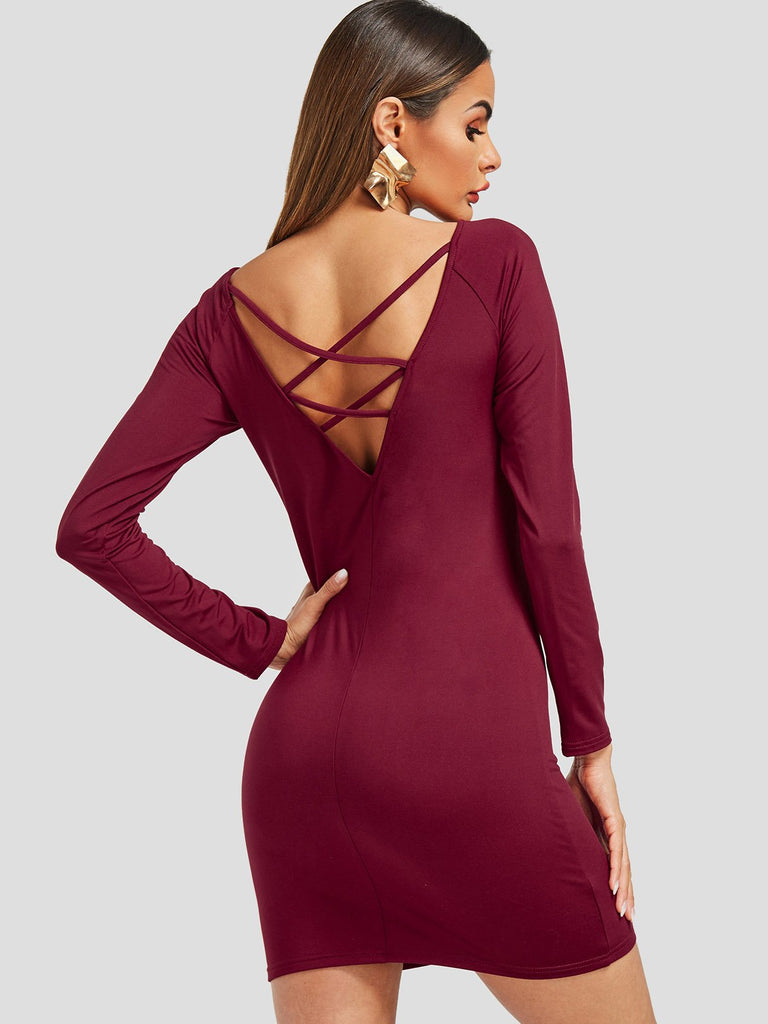 Burgundy Off The Shoulder Long Sleeve Plain Backless Lace-Up Dresses